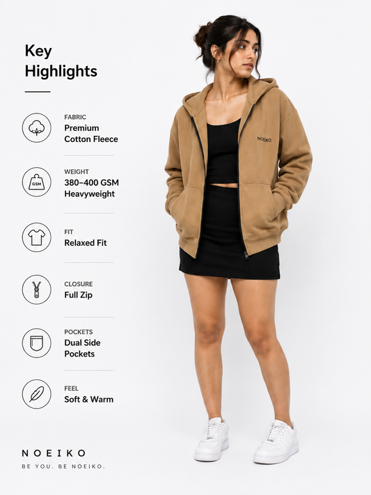 Noeiko – The Camel Core Heavyweight Unisex Zip-Up Cotton Fleece Hoodie