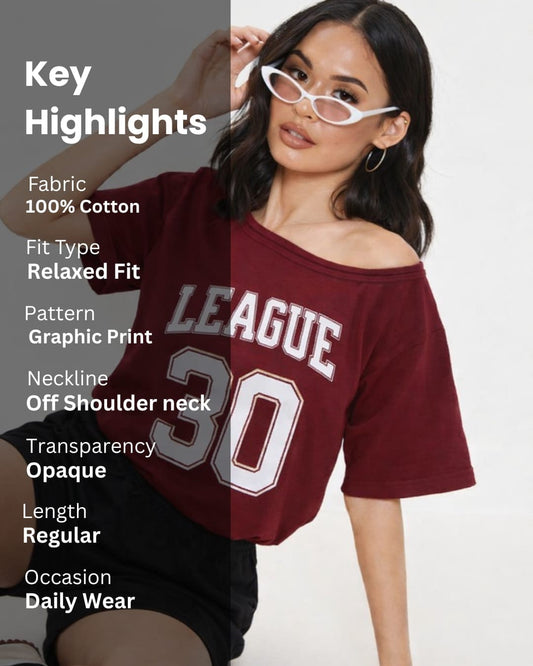 Noeiko League 30 Off-Shoulder Graphic Cotton T-Shirt