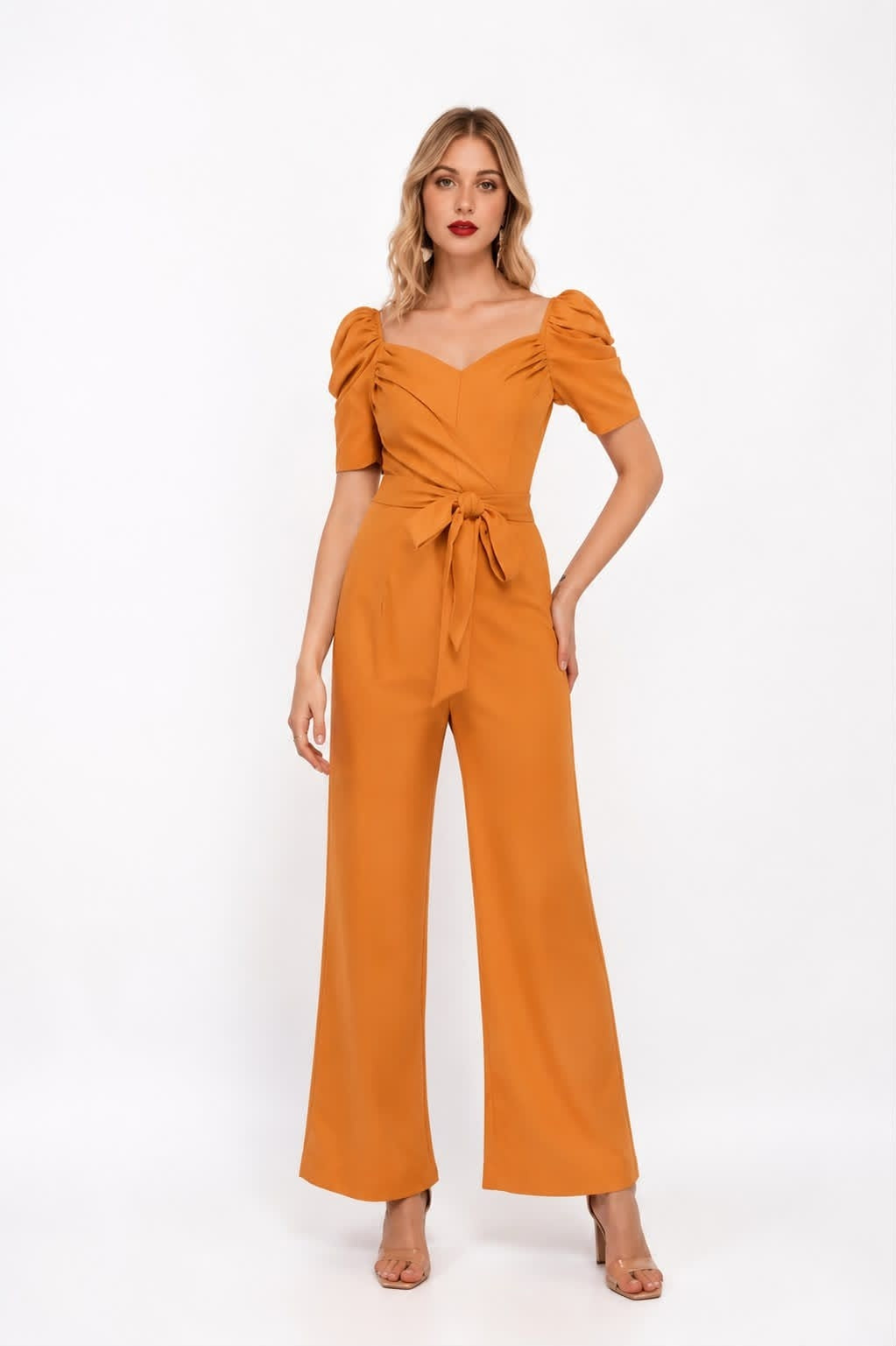 Noeiko Sunset Affair Orange Puff Sleeve Wrap Jumpsuit for Women