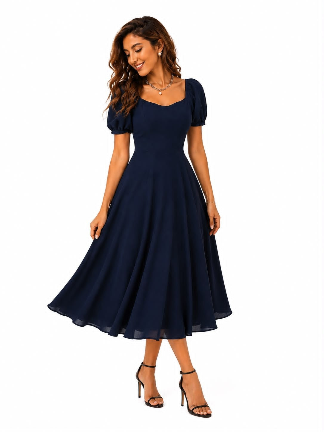 Noeiko Twilight Twirl Navy Blue Midi Dress for Women