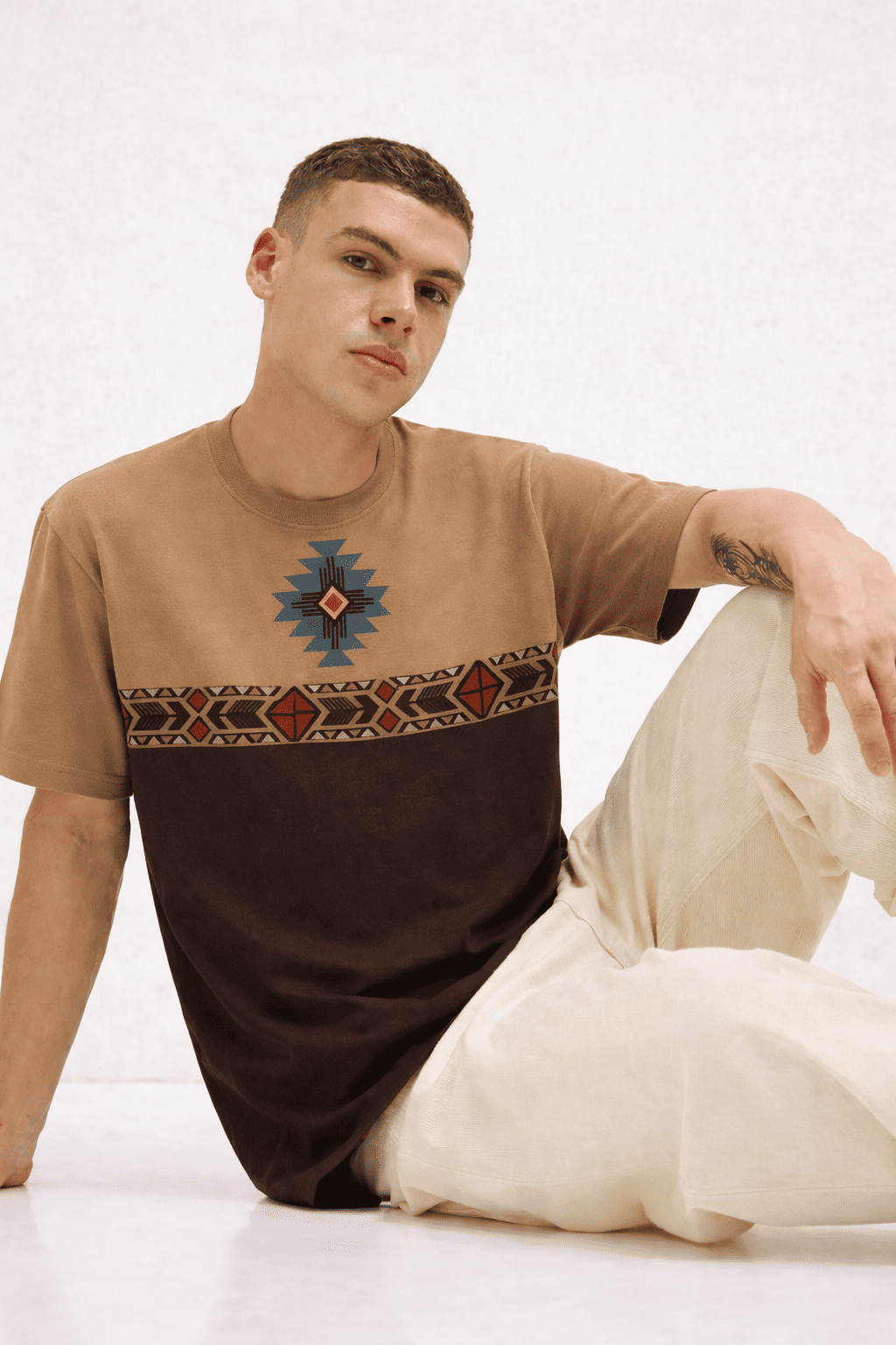Noeiko Two-Tone Tribal Graphic Oversized T-Shirt