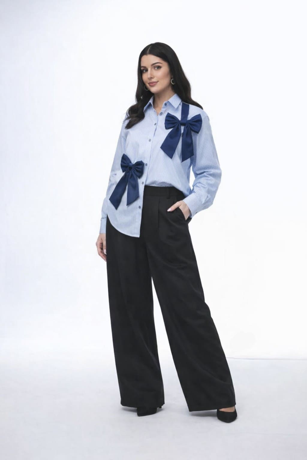 Noeiko Pinstripe Bow Detail Office Shirt