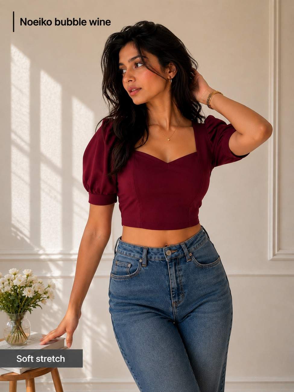 Bubble Wine Puff Sleeve Crop Top for Women