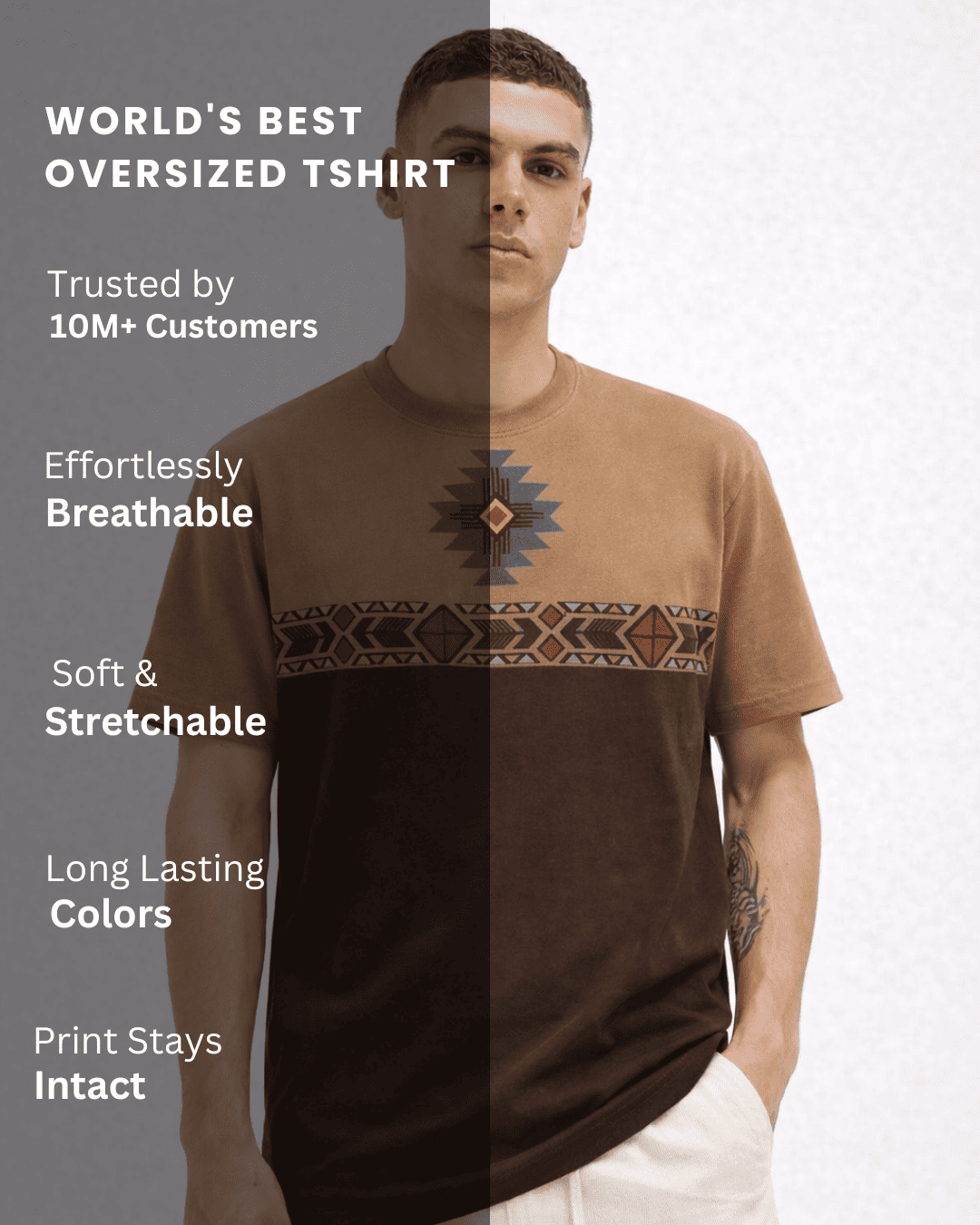 Noeiko Two-Tone Tribal Graphic Oversized T-Shirt
