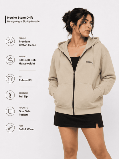 Noeiko Stone Drift – Premium Heavyweight Unisex Zipper Cotton Fleece Hoodie