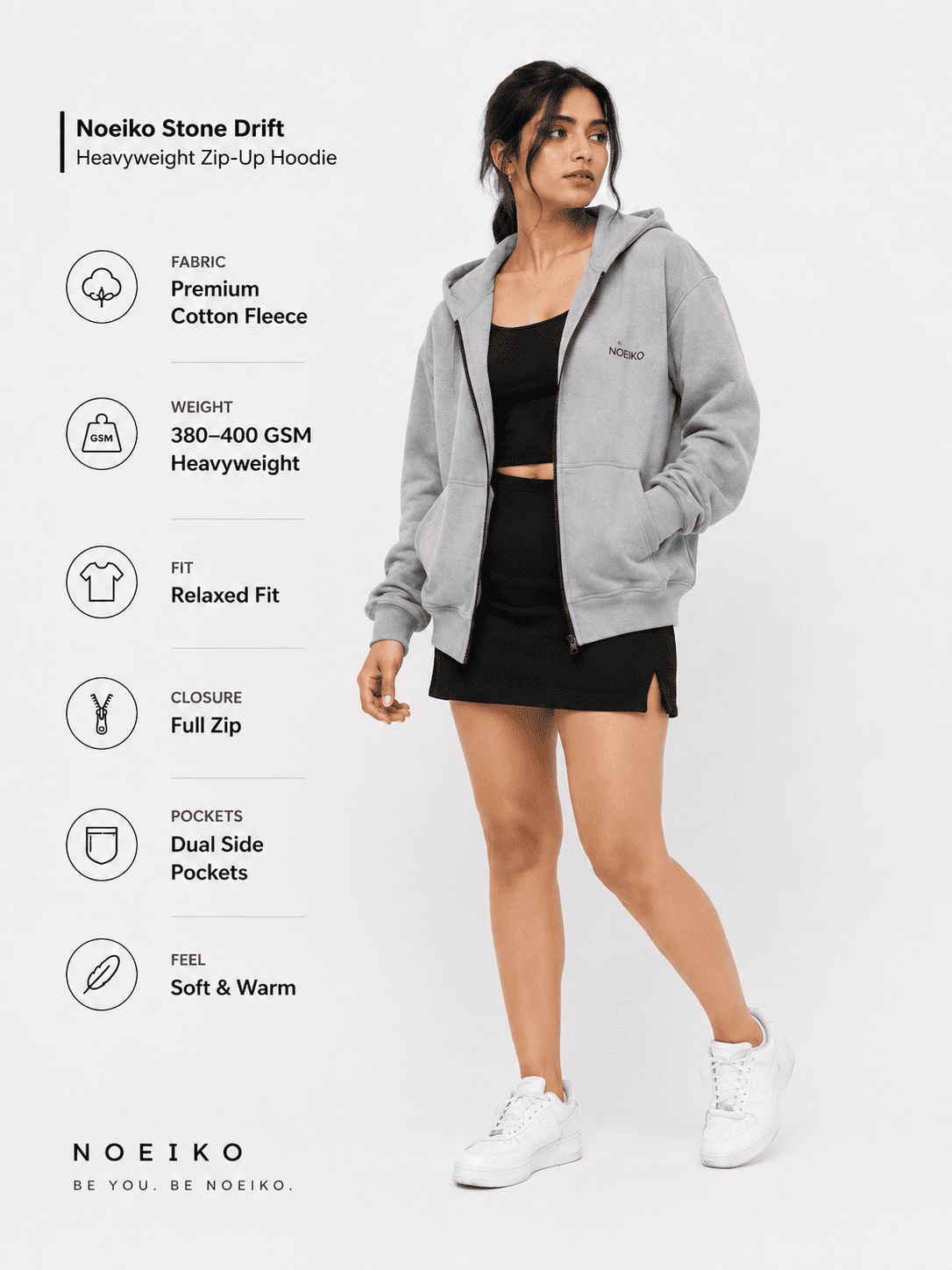 Noeiko Urban Ash Grey – Premium Heavyweight Unisex Zip-Up Cotton Fleece Hoodie