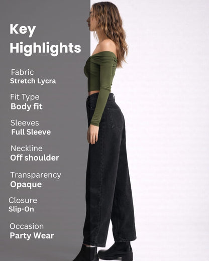 Noeiko Olive Allure Off-Shoulder Crop Top