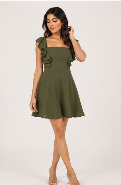 Noeiko Matcha Muse Ruffle Sleeve Fit & Flare Mini Dress for Women