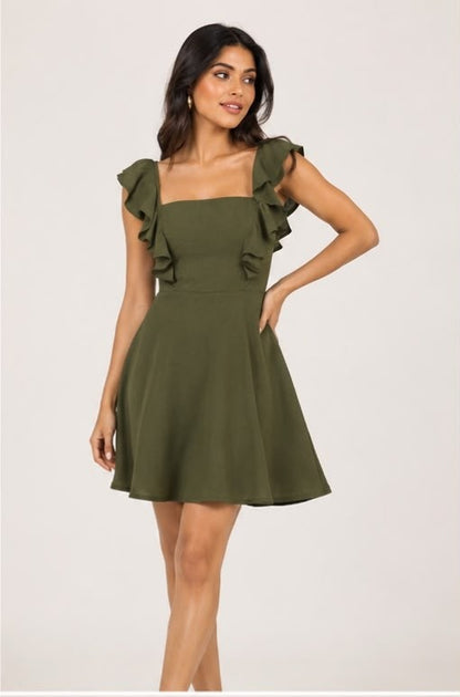 Noeiko Matcha Muse Ruffle Sleeve Fit & Flare Mini Dress for Women