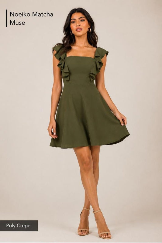 Noeiko Matcha Muse Ruffle Sleeve Fit & Flare Mini Dress for Women