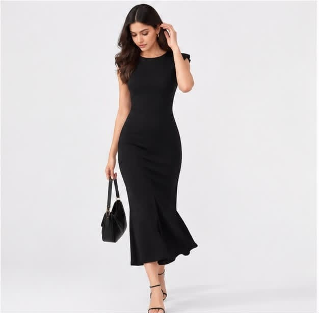 Noeiko Black Cherry Women's Black Crepe Midi Dress