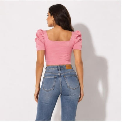Noeiko Cotton Candy Women's Pink Puff Sleeve Crop Top
