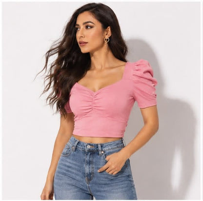 Noeiko Cotton Candy Women's Pink Puff Sleeve Crop Top