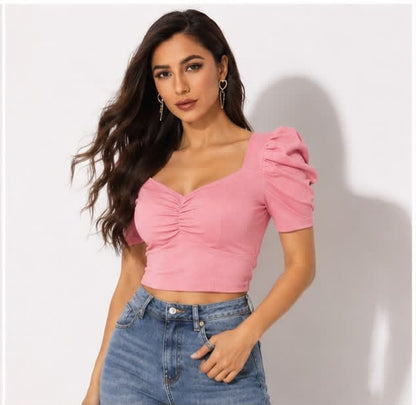 Noeiko Cotton Candy Women's Pink Puff Sleeve Crop Top