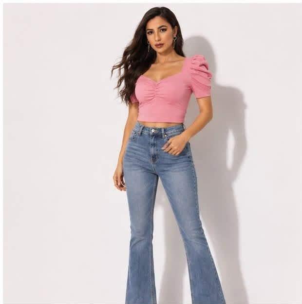 Noeiko Cotton Candy Women's Pink Puff Sleeve Crop Top