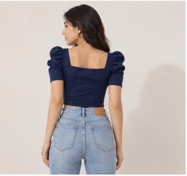 Noeiko Blue Crush Women's Navy Blue Puff Sleeve Crop Top