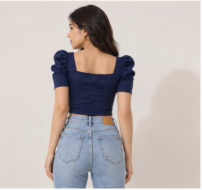 Noeiko Blue Crush Women's Navy Blue Puff Sleeve Crop Top