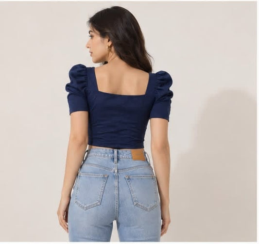 Noeiko Blue Crush Women's Navy Blue Puff Sleeve Crop Top