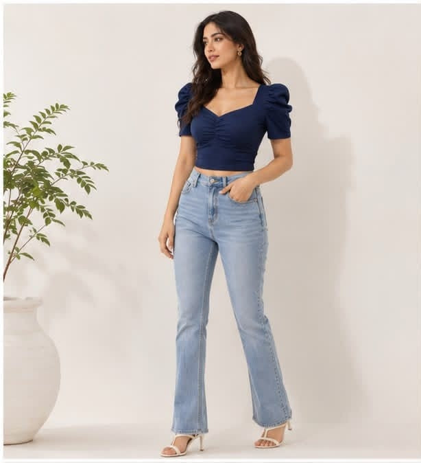 Noeiko Blue Crush Women's Navy Blue Puff Sleeve Crop Top