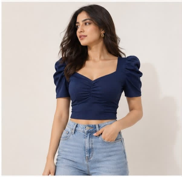 Noeiko Blue Crush Women's Navy Blue Puff Sleeve Crop Top