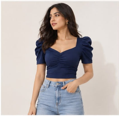 Noeiko Blue Crush Women's Navy Blue Puff Sleeve Crop Top