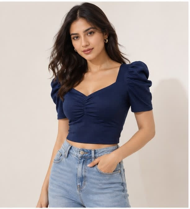 Noeiko Blue Crush Women's Navy Blue Puff Sleeve Crop Top