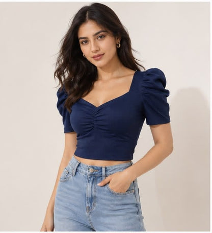 Noeiko Blue Crush Women's Navy Blue Puff Sleeve Crop Top