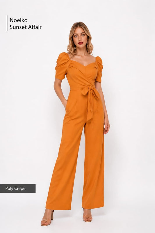 Noeiko Sunset Affair Orange Puff Sleeve Wrap Jumpsuit for Women