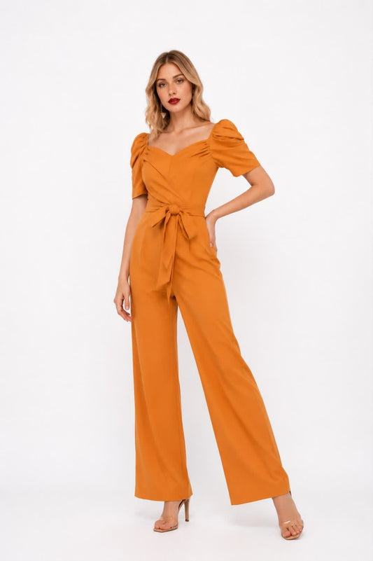 Noeiko Sunset Affair Orange Puff Sleeve Wrap Jumpsuit for Women