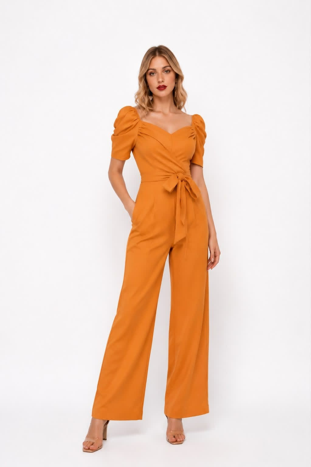Noeiko Sunset Affair Orange Puff Sleeve Wrap Jumpsuit for Women