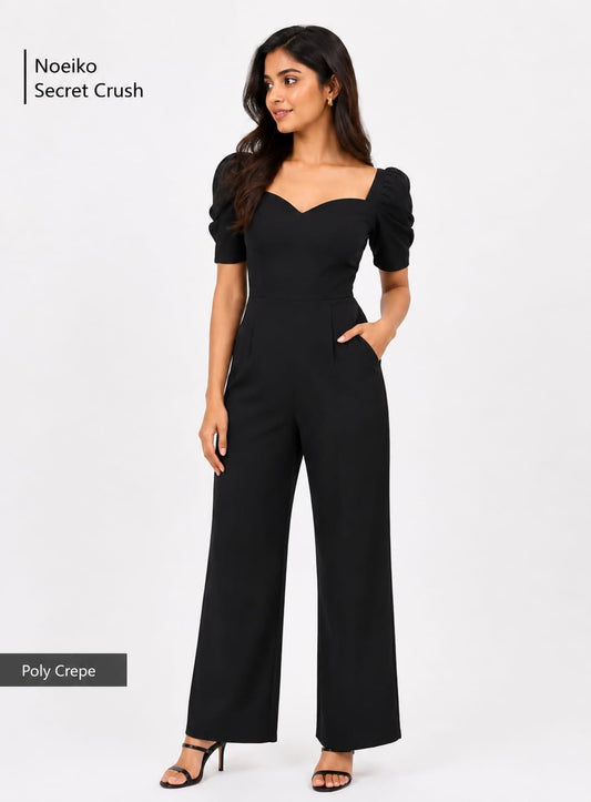 Noeiko Secret Crush Black Puff Sleeve Wide Leg Jumpsuit for Women