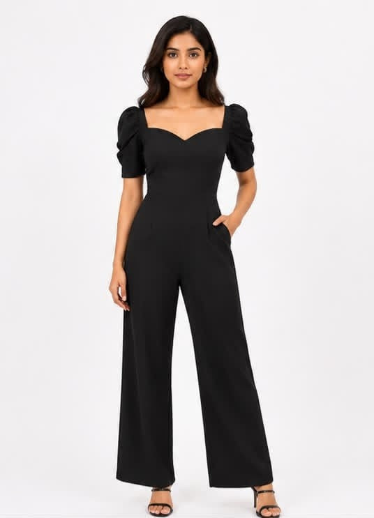 Noeiko Secret Crush Black Puff Sleeve Wide Leg Jumpsuit for Women