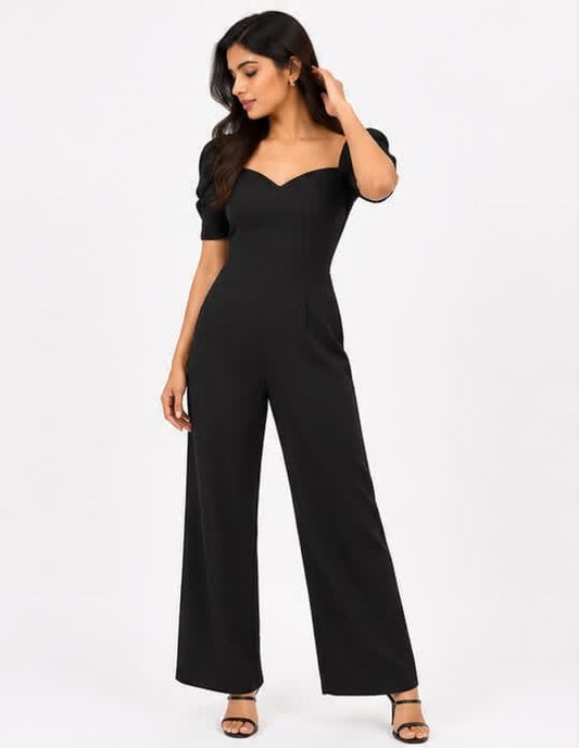 Noeiko Secret Crush Black Puff Sleeve Wide Leg Jumpsuit for Women