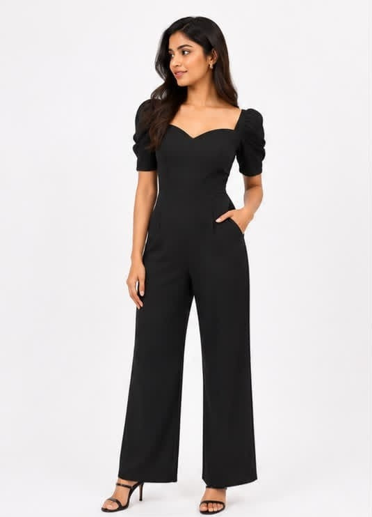 Noeiko Secret Crush Black Puff Sleeve Wide Leg Jumpsuit for Women