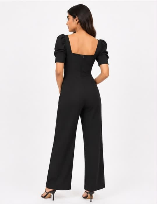 Noeiko Secret Crush Black Puff Sleeve Wide Leg Jumpsuit for Women