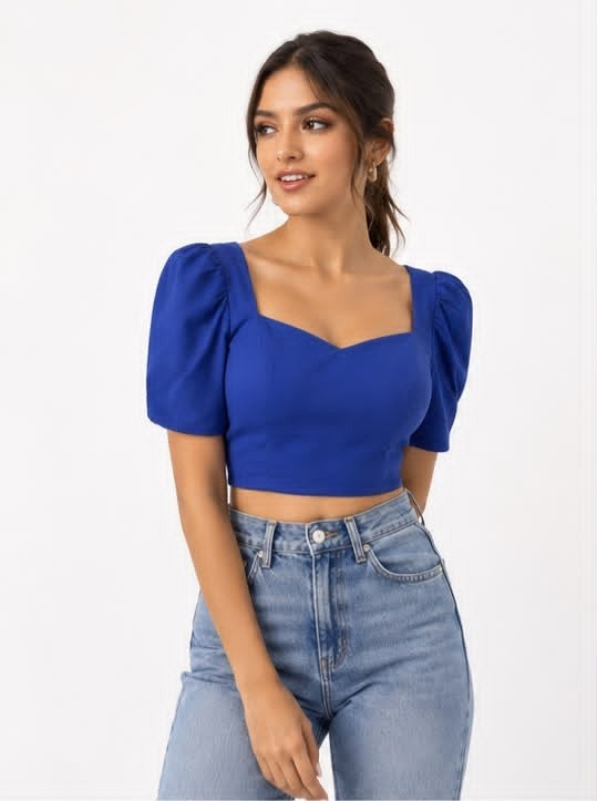 Noeiko Cool Girl Era Blue Cotton Puff Sleeve Crop Top for Women