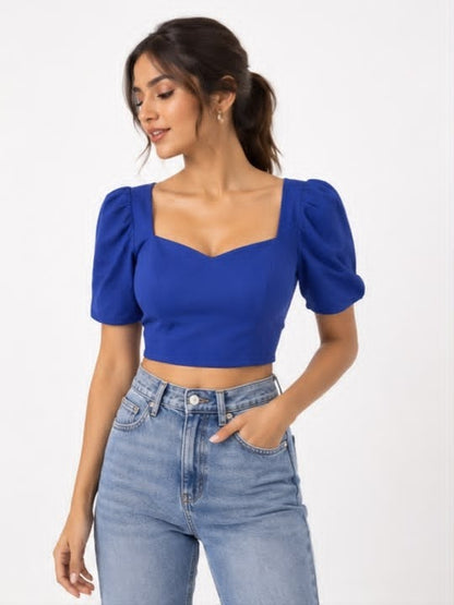 Noeiko Cool Girl Era Blue Cotton Puff Sleeve Crop Top for Women