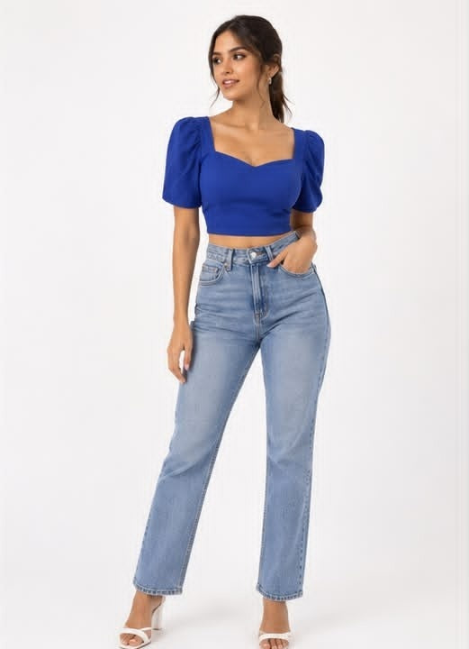 Noeiko Cool Girl Era Blue Cotton Puff Sleeve Crop Top for Women