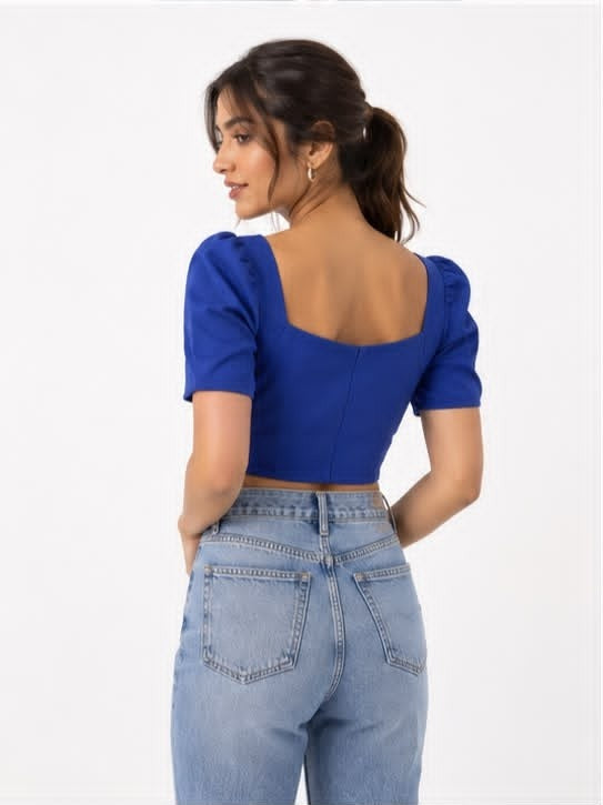 Noeiko Cool Girl Era Blue Cotton Puff Sleeve Crop Top for Women