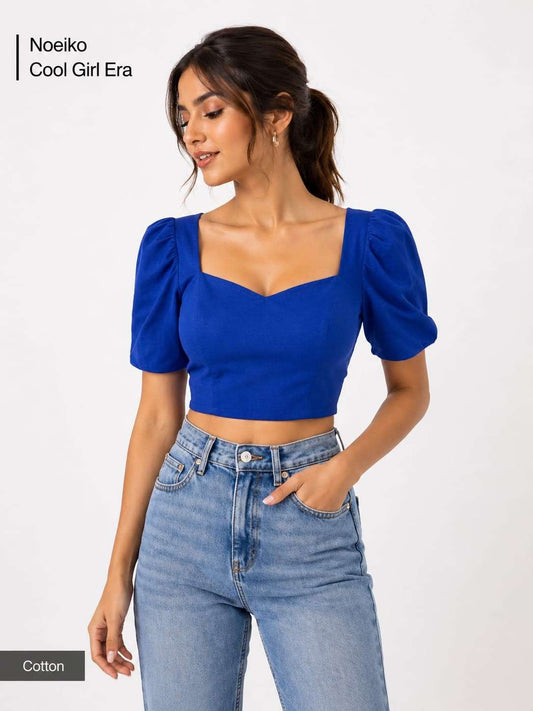 Noeiko Cool Girl Era Blue Cotton Puff Sleeve Crop Top for Women