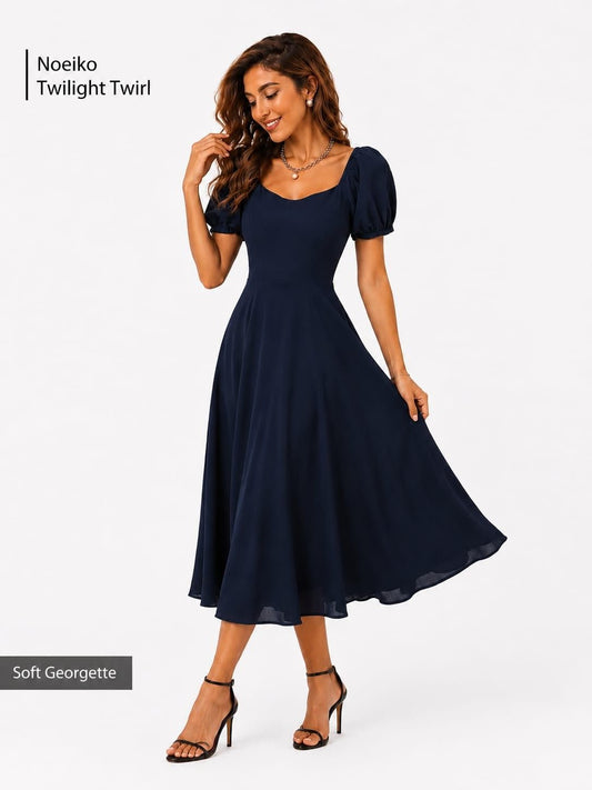 Noeiko Twilight Twirl Navy Blue Midi Dress for Women
