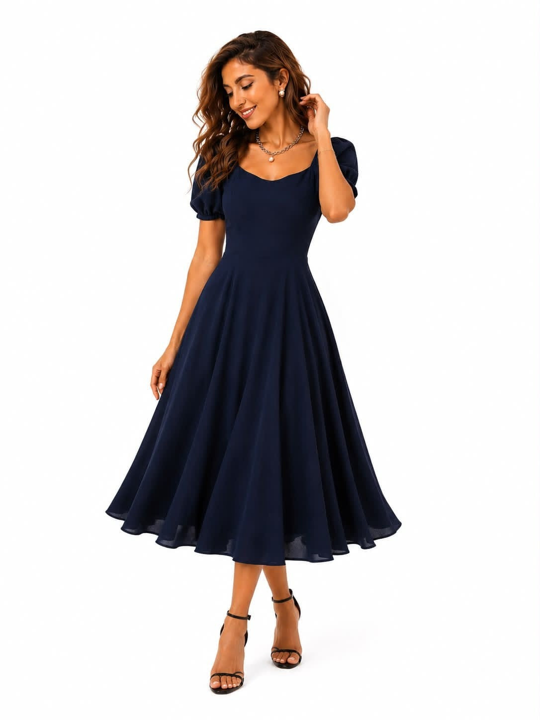 Noeiko Twilight Twirl Navy Blue Midi Dress for Women