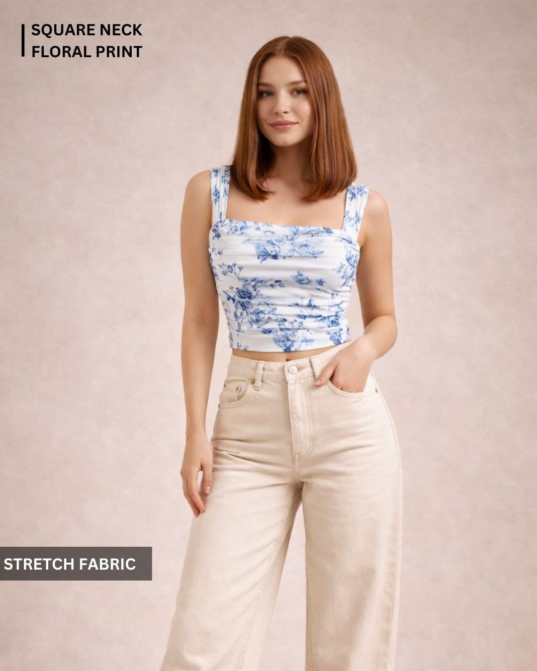Noeiko Ruched Square Neck Floral Crop Top