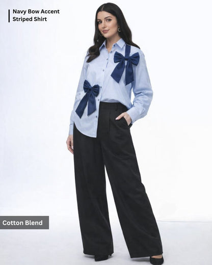 Noeiko Pinstripe Bow Detail Office Shirt
