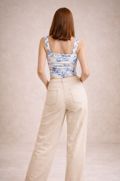 Noeiko Ruched Square Neck Floral Crop Top