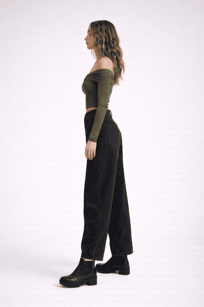 Noeiko Olive Allure Off-Shoulder Crop Top