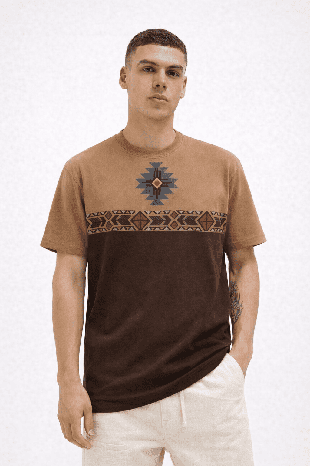 Noeiko Two-Tone Tribal Graphic Oversized T-Shirt