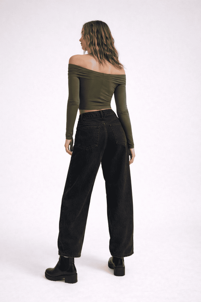 Noeiko Olive Allure Off-Shoulder Crop Top