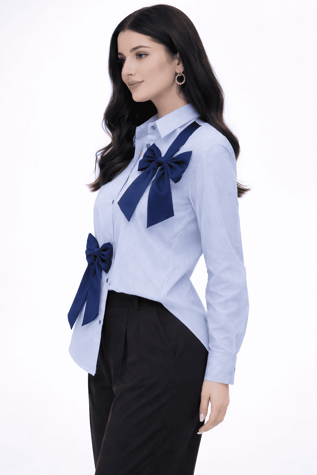 Noeiko Pinstripe Bow Detail Office Shirt