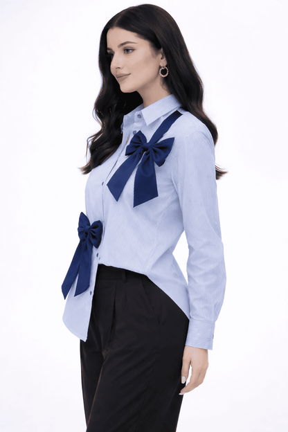 Noeiko Pinstripe Bow Detail Office Shirt